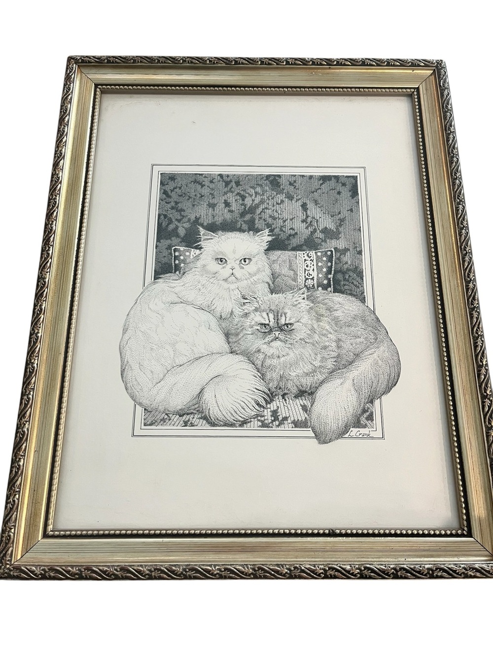 Persian Cat Pen Ink Drawing Signed L Crank Framed
